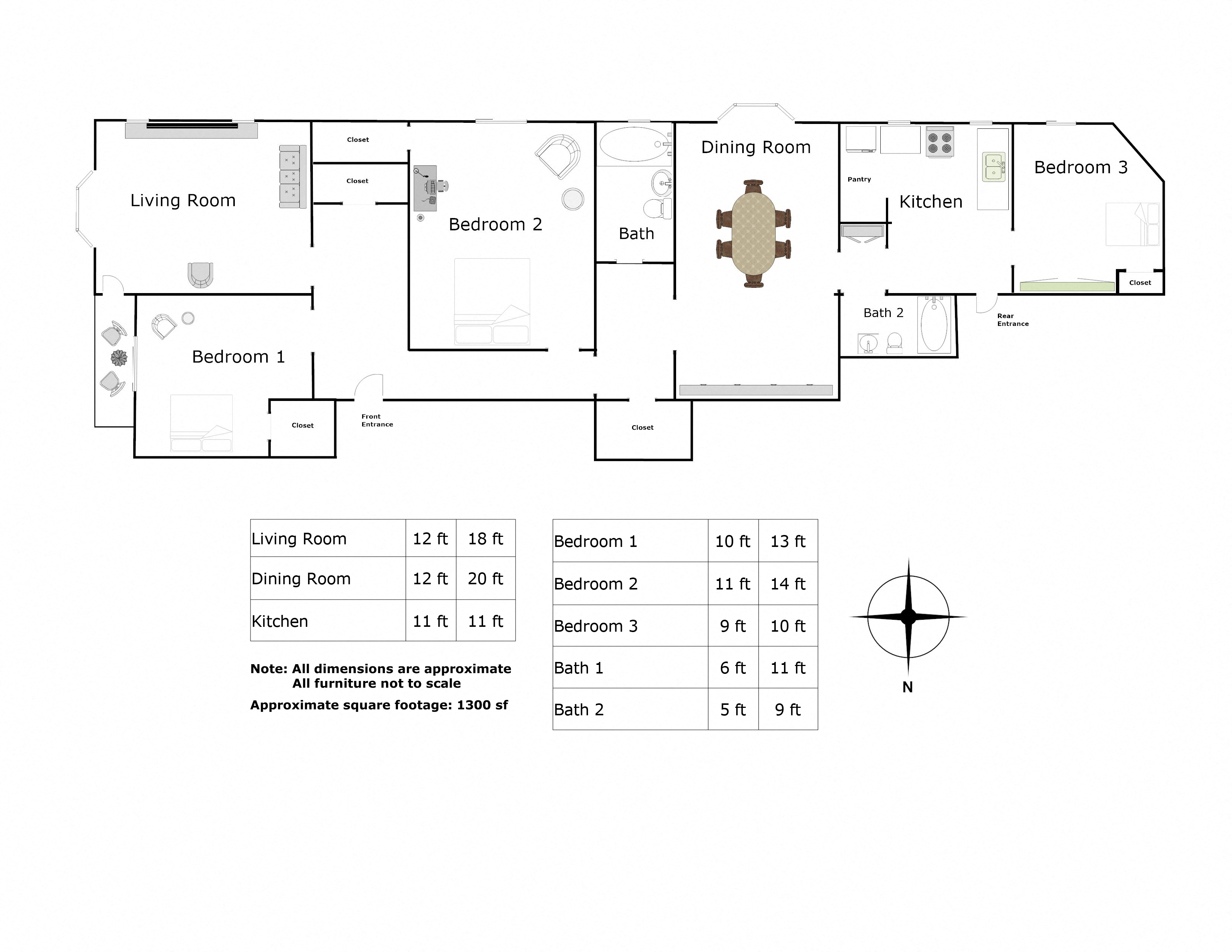 Floor plan for 3 beds, 2 baths